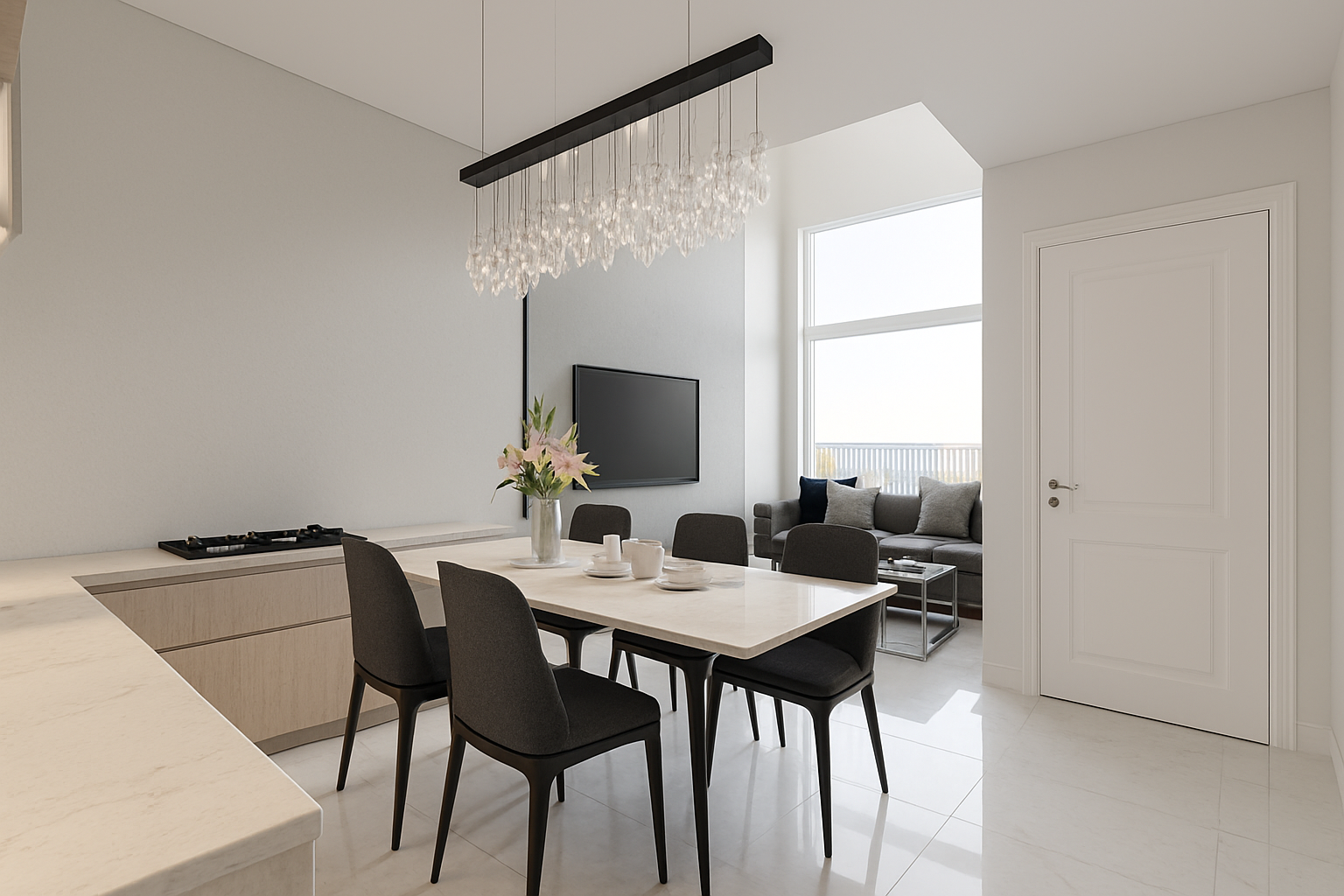 활초 힐즈 주택 내부 — 대리석 테이블과 샹들리에가 있는 식당·주방 투시